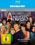 Beschreibung einer Blu-ray-Hülle. Oben steht "SD ON BLU-RAY". Titel: "DAS HAUS ANUBIS". Darunter fröhliche Personen. FSK 6., Blu-ray Disc