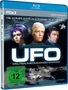„Die komplette Kult-Serie auf 3 Discs. UFO – Weltraumkommando S.H.A.D.O. Remastered Edition.“ Drei Personen, Raumfahrzeuge., 3 Blu-ray Discs
