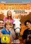 „OUTRIDERS“ oben, „Abenteuer Australien“, „Alle 26 Folgen“. Vier Jugendliche umarmen ein weißes Pferd., 4 DVDs