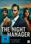 „Basierend auf dem Roman von John le Carré. Tom Hiddleston. THE NIGHT MANAGER. Die komplette 2. Staffel auf 2 DVDs.“ Drei Personen im Anzug vor einem Abendhimmel., 2 DVDs