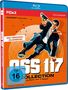 „OSS 117 Collection“, Gaumont präsentiert, „Die Original-Filmreihe!“. Illustration: Mann im Anzug mit Waffe., 3 Blu-ray Discs
