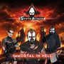 Text: "Synth Attack", "Immortal in Hell". Drei Personen mit dramatischem Makeup vor brennender Stadt., CD