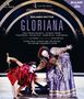 „Teatro Real“, „Benjamin Britten“, „Gloriana“. Zwei kostümierte Darsteller, einer in Rot mit Schwert, einer in prächtigem Kleid., 1 Blu-ray Disc und 1 DVD