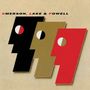 EMERSON, LAKE & POWELL oben. Drei abstrakte Gesichter, schwarz, gold und rot, nebeneinander auf beigem Hintergrund., LP