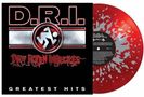 "D.R.I. Greatest Hits" und "Dirty Rotten Imbeciles" sind auf einem schwarzen Albumcover. Rote Schallplatte mit weißem Spritzmuster., LP