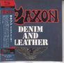 „DENIM AND LEATHER“ steht groß in Weiß, darüber „SAXON“ in Schwarz-Rot. Unten ein Adler mit ausgebreiteten Flügeln.
