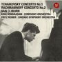 TCHAIKOVSKY CONCERTO No.1, RACHMANINOFF CONCERTO No.2, VAN CLIBURN. Schwarz-weiße Aufnahme eines Pianisten seitlich am Klavier.