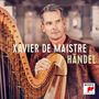 „Xavier de Maistre, Händel“; ein Mann mit silbernem Haar spielt eine Harfe, trägt eine braune Lederjacke., CD