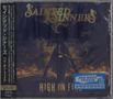 Texte: "SAINTED SINNERS", "HIGH ON FIRE", "NEW MUSIC FRIDAYS". 

Ein Motorrad vor einer feurigen Kulisse., CD