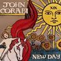 "JOHN CORABI, NEW DAY" steht in einem farbenfrohen, illustrativen Bild mit Sonne, einem Pferd und Sonnenblumen., CD