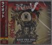 "Riot Fes 2024 Live in Japan." Ein Krieger mit einem Löwenkopf in dynamischer Illustration, rot-schwarze Farbpalette., 4 CDs