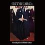 "CATHEADRAL" und "Society's Pact With Satan". Dunkle Gestalten in Roben, eine mit Ziegenmaske und Buch.