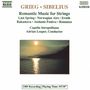 "GRIEG · SIBELIUS Romantic Music for Strings" gefolgt von Titeln und Interpreten; darunter Sonnenuntergang über Wasser., CD