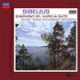 Texte: "SIBELIUS", "SYMPHONY N°1 / KARELIA SUITE", "MAAZEL / VIENNA PHILHARMONIC ORCHESTRA". Ein bewaldeter See unter blauem Himmel.
