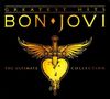 "Greatest Hits - Bon Jovi - The Ultimate Collection;" goldene Flügel und Schwert durch ein Herz als Emblem.