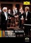 BERNSTEIN | BEETHOVEN, THE PIANO CONCERTOS, KRYSTIAN ZIMERMAN, WIENER PHILHARMONIKER. Zwei Männer schütteln sich die Hand vor einem Orchester., 2 DVDs