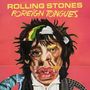 Texte: "ROLLING STONES FOREIGN TONGUES". Verzerrtes Gesicht auf rotem Hintergrund.