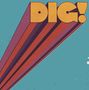 Text "DIG!" in großen, gelben Buchstaben auf blauem Hintergrund mit roten und lila Streifen, Retro-Stil., LP