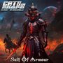 Text: "CATS in SPACE", "Suit Of Armour". Ein kriegerisch aussehender Ritter in glühender Rüstung, hinter ihm brennende Landschaft., LP