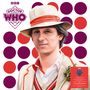 "BBC Doctor Who" und "The Peter Davison Collection" stehen neben einer Illustration eines Mannes in Tracht, umgeben von bunten Kreisen., 4 LPs