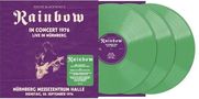 "Rainbow In Concert 1976 Live in Nürnberg." Drei grüne Schallplatten, lila Hülle mit Gitarrist und Text über Konzertdetails., 3 LPs
