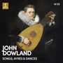 "John Dowland: Songs, Ayres & Dances, 10 CDs." Ein Mann im historischen Kostüm spielt eine Laute. Links oben ein Logo.