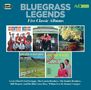 "BLUEGRASS LEGENDS: Five Classic Albums." Verschiedene Albumcover mit blauen, grünen und gelben Elementen.
