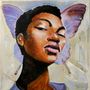Porträt einer Person mit Schmetterlingsflügeln im Hintergrund, ausdrucksstarker Gesichtsausdruck, pastellfarbene Töne., CD