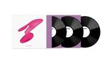 Drei schwarze Schallplatten mit lilafarbenen Hüllen; links ein Cover mit pinkem abstraktem Muster, Text: "Be a Rebel, New Order"., 3 LPs