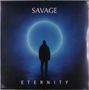 „SAVAGE“ oben, „ETERNITY“ unten. Eine Silhouette steht vor einem leuchtenden blauen Kreis in dunkler Umgebung., Single 12"