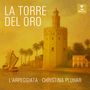 "La Torre del Oro", "L'Arpeggiata · Christina Pluhar". Illustration eines alten Turms am Fluss mit Palmen und einem Schiff., CD