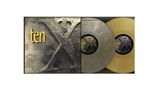 Text: "ten", "DOUBLE ALBUM GATEFOLD VINYL". Ein Albumcover mit großem "X" und zwei goldenen Schallplatten., 2 LPs