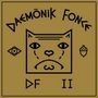 "DAEMONIK FONK", "DF", "II". Abstraktes Katzenportrait in Schwarz auf braunem Hintergrund, mit Symbolen wie einem Auge und einem Eichel., LP