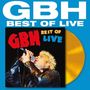 Text: “GBH Best of Live” in Weiß und Rot-Blau. Ein Goldene Schallplatte, Sänger mit blondem Haar und Lederjacke singt., LP