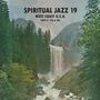Text: "SPIRITUAL JAZZ 19 WEST COAST U.S.A. PART II: 70s & 80s". Ein Wasserfall inmitten von hohen Bäumen und Bergen.