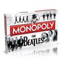 "MONOPOLY," "THE BEATLES," Schrift oben. Bilder der Beatles in verschiedenen Outfits. Silhouetten und Monopoly-Maskottchen.