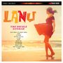 Bunter Text "LANU", darunter "THE DOUBLE SUNRISE". Eine Frau tanzt am Strand bei Sonnenaufgang., LP