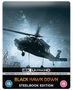 "4K ULTRA HD, BLACK HAWK DOWN, STEELBOOK EDITION. Ein Helikopter schwebt über dem Boden, in einem dramatischen Farbton. Altersfreigabe 15."