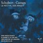 "Schubert · Cusson, LE RÉCITAL DES ANGES" steht oben. Namen: Ema Nikolovska, Elisabeth St-Gelais, Orchestre de l'Agora, Nicolas Ellis. Blau-dominierte Illustration eines Gesichts., CD