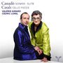 Text: "Cassadó Sonata · Suite Casals Cello Pieces Valérie Aimard Cédric Lorel." Zwei Personen in bunten Jacken, eine trägt eine Maske., CD