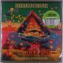 Texte: "HIBUSHIBIRE", "FLASHBACK STONEHENGE". Illustration mit Pyramide, Auge, Händen und bunten Schmetterlingen., LP