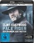„Clint Eastwood: Pale Rider, der namenlose Reiter. FSK ab 16. 4K Ultra HD Blu-ray.“ Ein Mann mit Hut im Schnee.