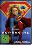 Text: "SUPERGIRL", "FSK ab 12 freigegeben", "vorläufige Abbildung". Illustration: Frau in Superheldenkostüm., DVD