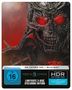 "4K ULTRA HD + BLU-RAY, FSK ab 16, MORTAL KOMBAT, LIMITIERTE 2-DISC STEELBOOK EDITION" auf einem bedrohlichen Schädel mit roten, leuchtenden Augen., 1 Ultra HD Blu-ray und 1 Blu-ray Disc