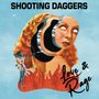 „SHOOTING DAGGERS“ oben, „Love & Rage“ unten. Collage-Illustration einer Bogenschützin, Flammen und abstrakten Formen., LP