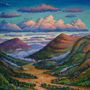 Es ist eine farbenfrohe Landschaftsillustration mit Hügeln und pastellfarbenen Wolken unter einem blauen Himmel., CD