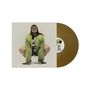 Eine Person mit grünem Pelzmantel und blauer Schminke hockt. Eine braune Vinylplatte ist daneben., LP