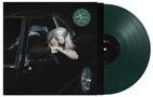 "New Album" in einem grünen Kreis. Eine Person mit blonden Haaren lehnt aus einem Autofenster. Links eine schwarze Schallplatte., LP