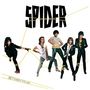 Text „SPIDER“ oben, „BETWEEN THE LINES“ unten. Fünf Personen posieren lässig, verbunden durch gelbe Linien., CD