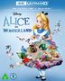 „4K Ultra HD + Blu-Ray“, „Disney Alice in Wonderland“. Alice hält eine Tasse. Figuren aus dem Film um sie herum.